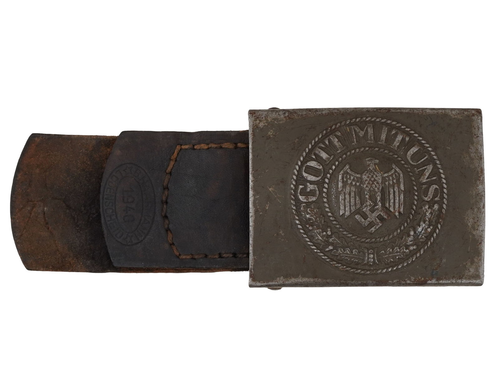 WWII MODEL NAZI GERMAN MILITARY BELT BUCKLE: A World War II type Nazi German aluminum belt buckle with Reichsadler and swastika emblem and the motto Gott mit uns, God is with us. 1941 Ludenscheid leather belt piece is preserved. Second World War