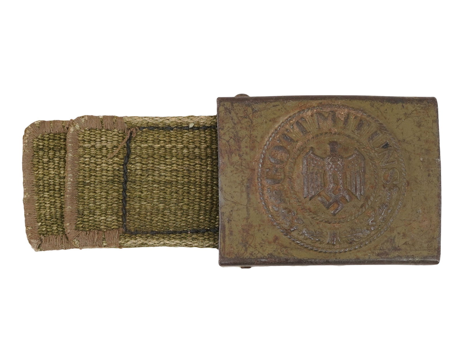 WWII GERMAN NAZI MILITARY WAFFEN BELT BUCKLE: A World War II German Nazi military Waffen belt buckle. Reichsadler with swastika and motto Gott mit uns, God is with us. Comes with a strap. Marked and numbered on the reverse. Second World War Histo