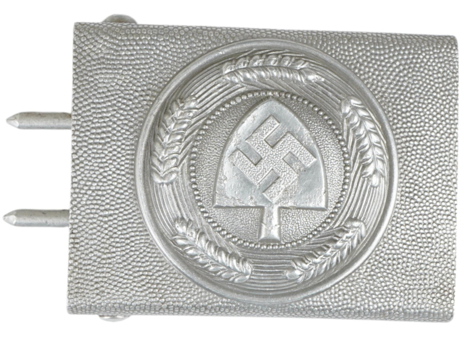WWII NAZI GERMAN LABOR FRONT BELT BUCKLE: A WWII Nazi German Labor Front belt buckle. Made of early type steel heavy metal. Features a central circular design with a relief swastika on a spade surrounded with a spikelet wreath. Second World W