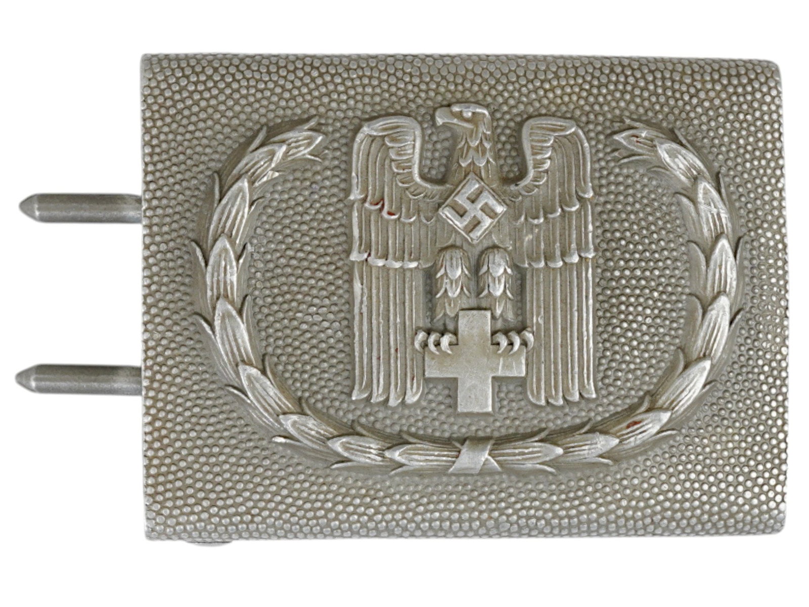 WWII NAZI GERMAN RED CROSS OFFICERS BELT BUCKLE: A WWII Nazi German Red Cross, Deutsch Rotes Kreuz, officers belt buckle. Square buckle with embossed depictions of the Reichsadler, swastika, and cross. Second World War Historical Collectables, Third