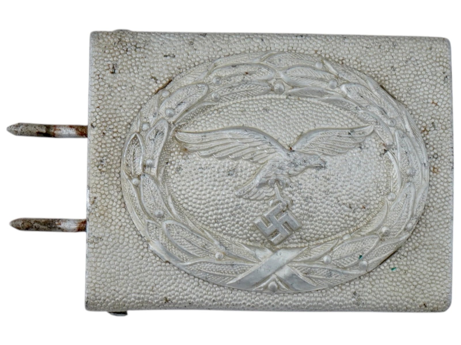 NAZI GERMAN AIR FORCE LUFTWAFFE ALUMINUM BELT BUCKLE: A WWII Nazi German Third Reich Air Force Luftwaffe aluminum belt buckle. Features a Nazi eagle holding a swastika surrounded by wreath. WWII Era German Nazi Pins, Shields, Plaques, Military Uniforms, 