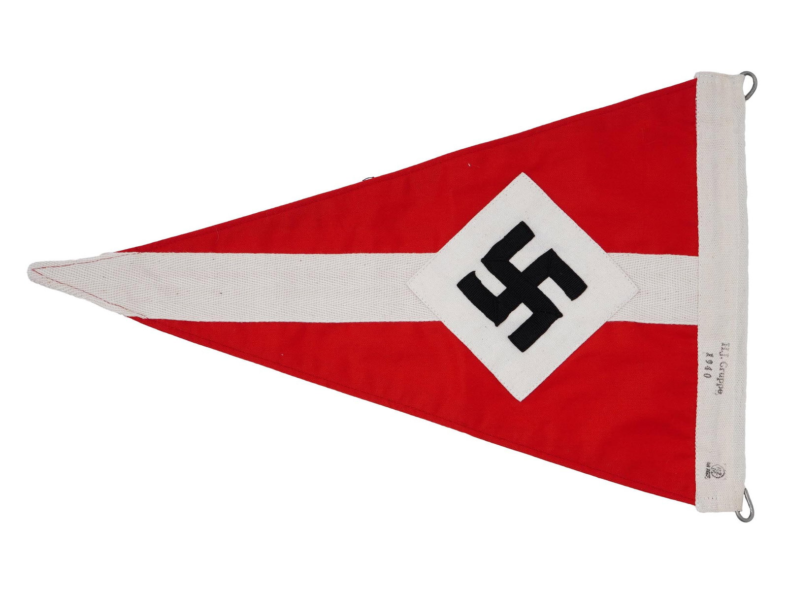 GERMAN WWII MODEL HITLER YOUTH VEHICLE PENNANT: A World War II type Nazi German Hitler Youth pennant made of black, red, and white cotton fabric. Swastika on both sides. Marked HJ Gruppe 1940, RZM on the rim. Second World War Historical Collectable