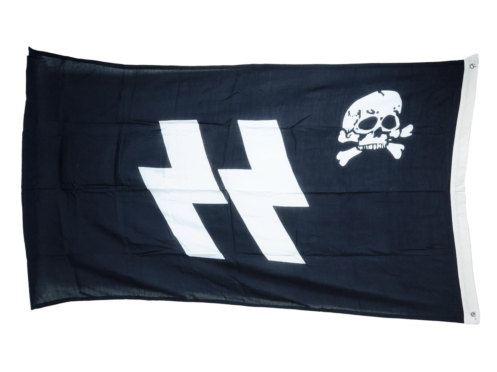 GERMAN WWII MODEL WAFFEN SS PANZER BANNER: A World War II type Nazi German Waffen SS panzer banner made of black and white fabric. SS runes and Totenkopf design. Second World War Historical Collectables And Memorabilia, Militaria, Flags And Ba