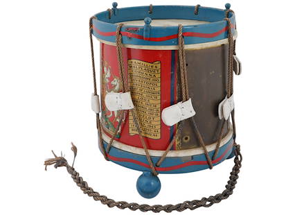 VINTAGE BRITISH REGIMENTAL MILITARY DRUM MID 20TH C: A vintage British regimental military drum. Circa: mid 20th century. Sides are painted with military logos and dates of battles. Leather top, bronze sides. Ropes cover the top and bottom. Stands on 3
