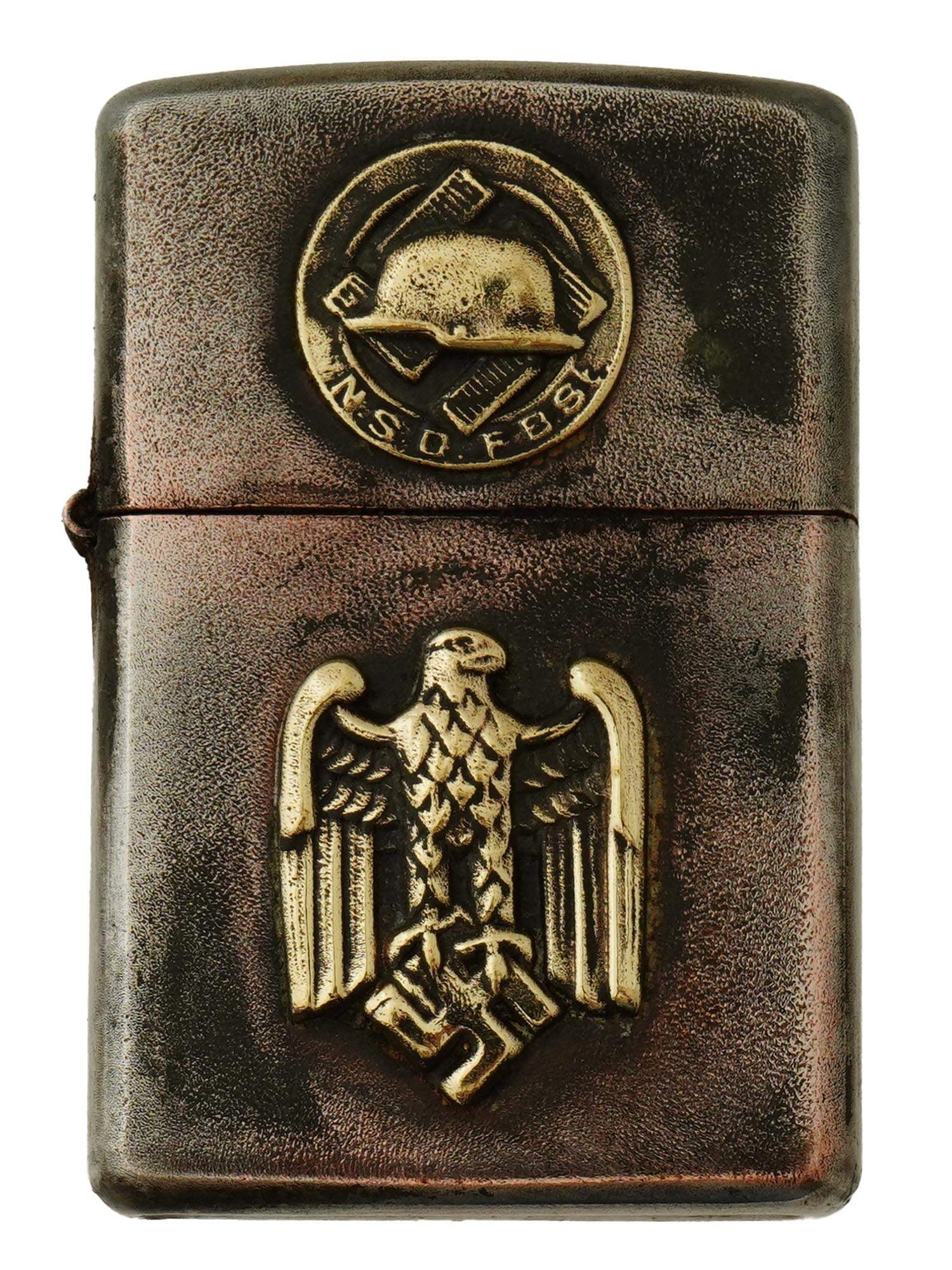 A WWII TYPE GERMAN THIRD REICH ARMY GAS LIGHTER: A WWII type German Third Reich Army gas lighter. Engraved with the helmet in swastika and eagle swastika insignia on the front. Second World War Nazi German Military Accessories And Tobacciana Collect
