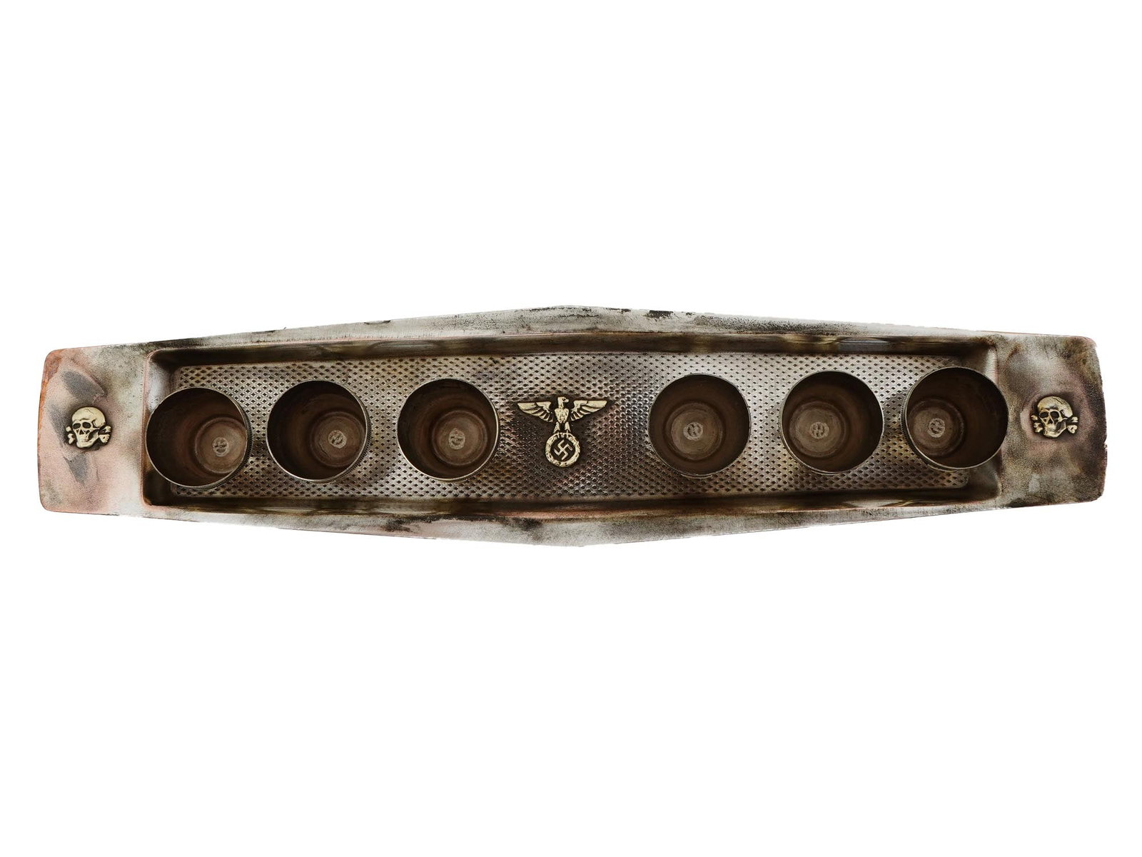 GERMAN WWII MODEL SET OF SIX SS SCHNAPPS CUPS TRAY: A WWII Nazi German model Waffen SS set of six schnapps shot cups and a tray, comprising seven items in total. Each of the shots is decorated with the distinctive SS runes, which were the emblem of the
