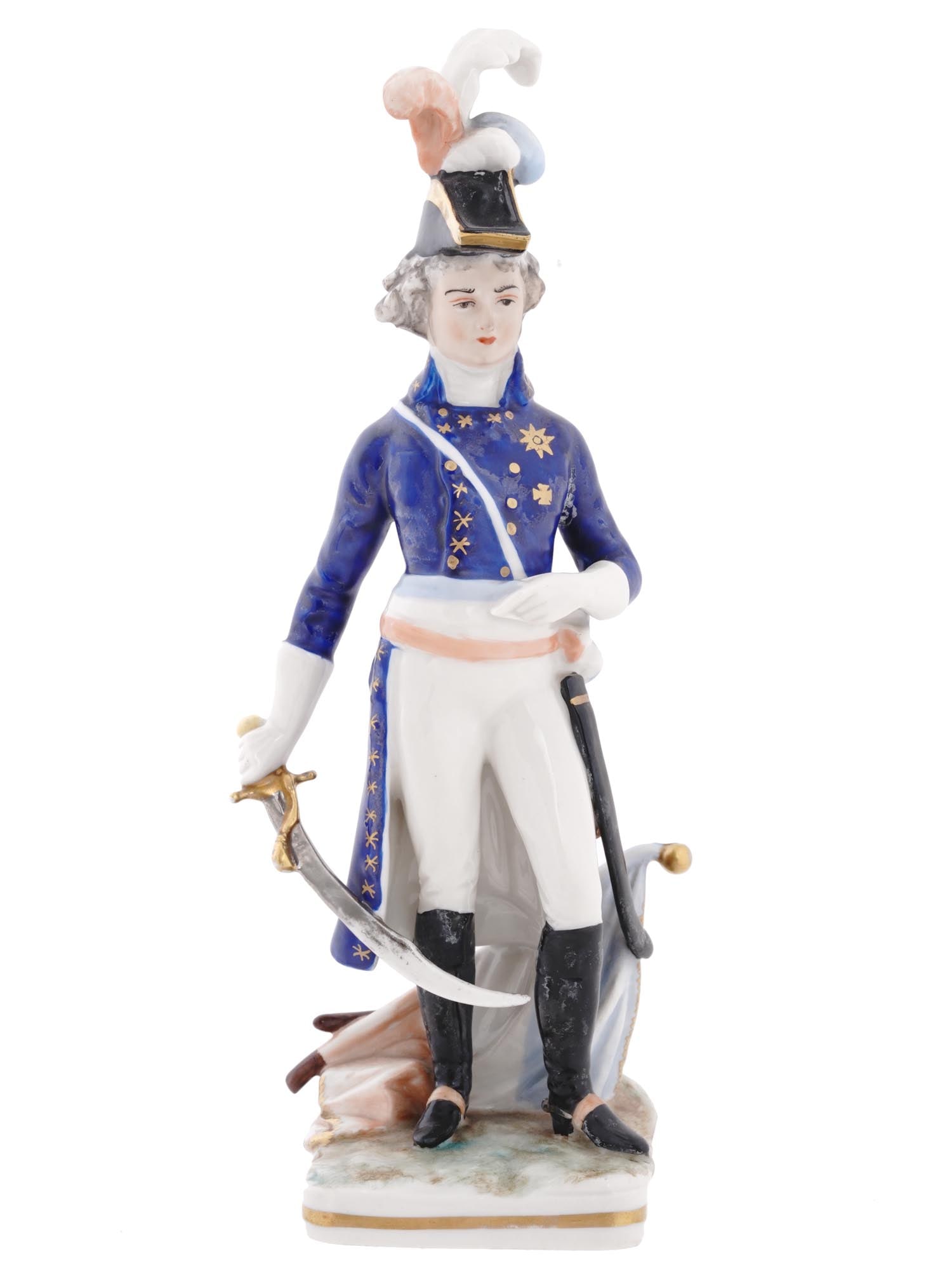 VTG FRANKENTHAL WESSEL PORCELAIN 1781 STEUBEN FIGURE: A vintage German Frankenthal Wessel porcelain figurine, a masterful depiction of General Friedrich Wilhelm von Steuben from 1781, lovingly hand painted with meticulous attention to detail. General Stu