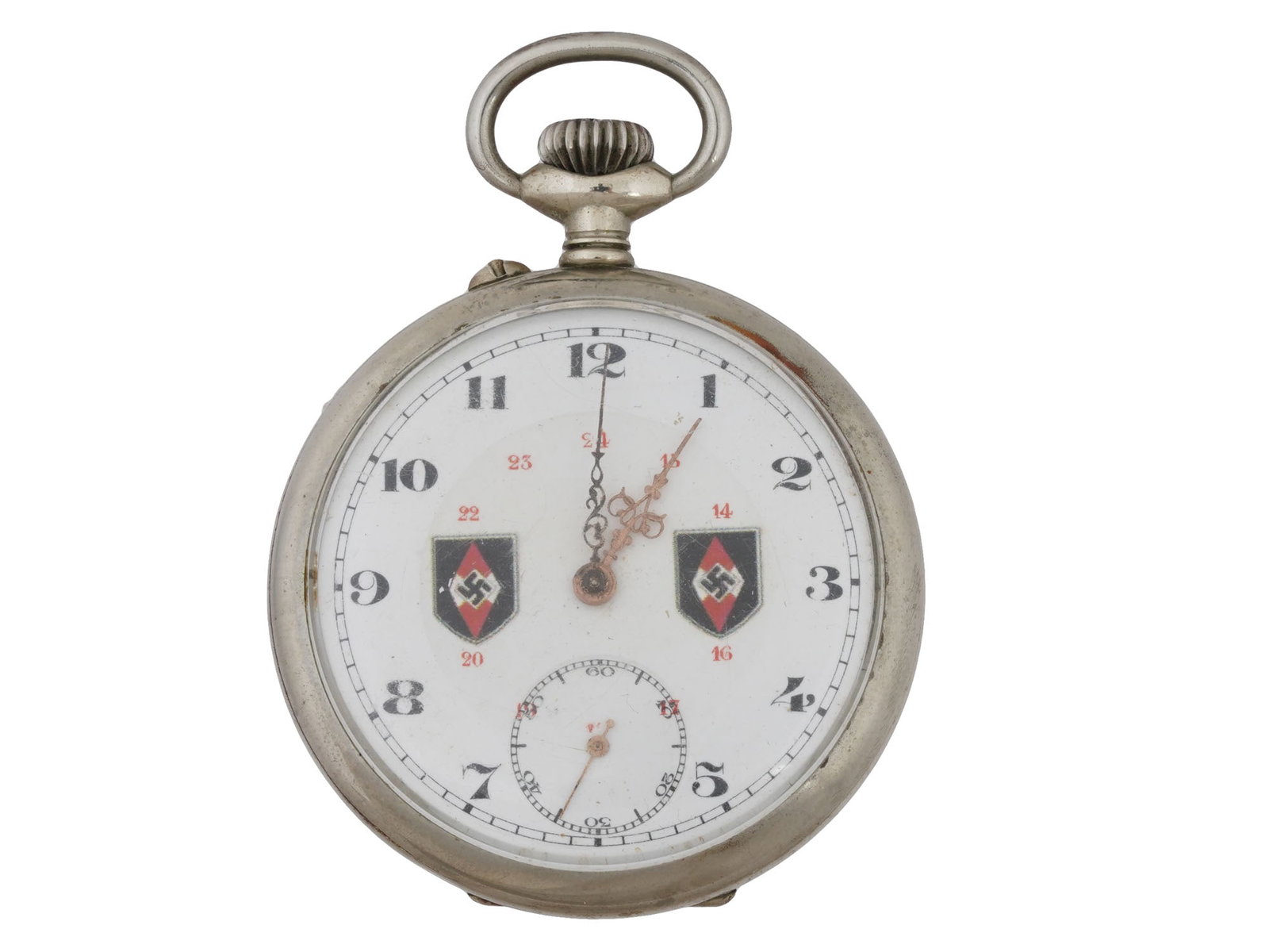 GERMAN WWII MODEL SA HITLER YOUTH POCKET WATCH: A WWII model Nazi German pocket watch. A white enamelled dial with black Arabic numerals featuring enamelled Hitler Youth swastika insignias. The case itself bears the engraved motto Alles fur Deutsch