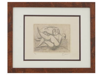 LTD SPANISH LOVERS ETCHING SIGNED PABLO PICASSO: A limited edition etching on paper, Figures on the Beach, after the original oil painting on canvas, 1931, by Pablo Picasso, Spanish, 1881 to 1973. Signed in pencil, Picasso, lower right. Inscribed,