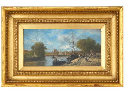 FRENCH IMPRESSIONIST OIL PAINTING BY GERARD ROUX: Gerard Roux, French, born 1946, an oil on board painting depicting a Harbour Scene. Signed by the artist lower right. Housed in an ornate gilt wood frame. Bears a Guarisco gallery paper label on the b