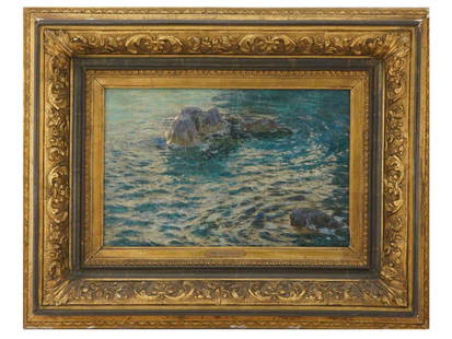 AMERICAN OIL PAINTING BY CHILDE FREDERICK HASSAM: Childe Frederick Hassam, American, 1859 to 1935, oil on board painting Coastal Landscape, depicting a seascape in an impressive impasto technique. Housed in a richly ornate gilt wood and gesso frame w