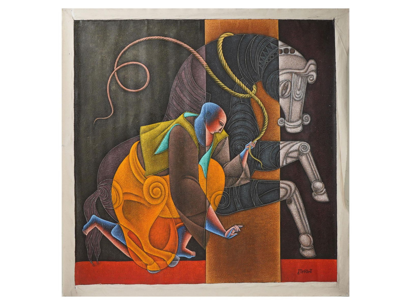 MID CENTURY INDIAN SCHOOL PAINTING SIGNED SATISH GUJRAL: A mid-century Indian School painting, executed in mixed media on canvas, and signed Satish Gujral, one of Indias most prominent modern artists. Known for his bold, expressive style and innovative use