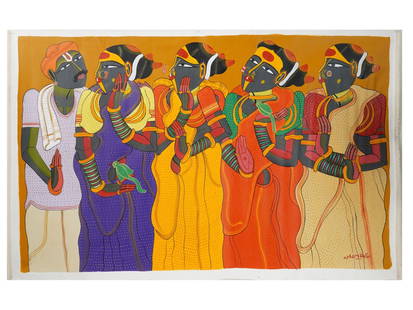 MID CENTURY INDIAN SCHOOL THOTA VAIKUNTAM PAINTING: A mid-century Indian School painting, executed in acrylic on canvas and signed Thota Vaikuntam, one of Indias most distinctive contemporary artists. Renowned for his vibrant portrayals of rural Telang