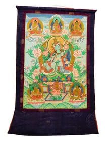 ANTIQUE CHINESE BUDDHIST THANGKA PAINTING GREEN TARA