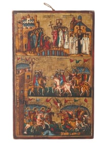 ANTIQUE RUSSIAN ORTHODOX ICON BATTLE NOVGOROD SUZDAL