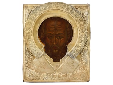 ANTIQUE RUSSIAN ICON OF ST NICHOLAS IN SILVER OKLAD