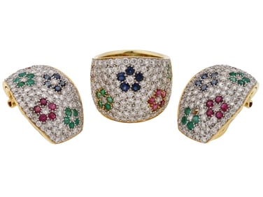 18K GOLD DIAMOND RUBY EMERALDS RING EARRINGS SET