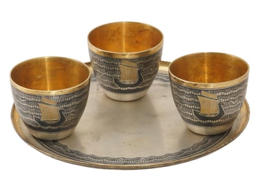 RUSSIAN SOVIET ERA GILT SILVER NIELLO 4 PIECE WINE SET