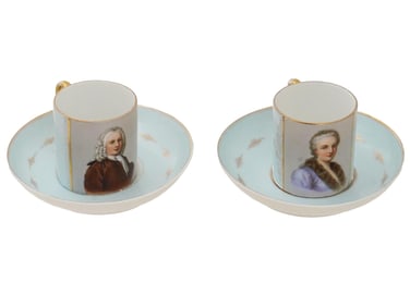 ANTIQUE FRENCH PORCELAIN TEA PAIRS WITH PORTRAITS