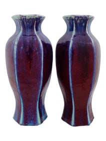 PAIR OF HEXAGONAL VIOLET FLAMBE GLAZED CERAMIC VASES