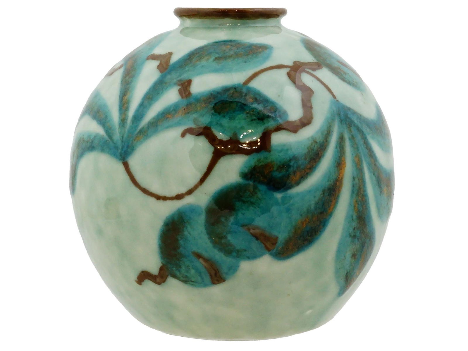 VINTAGE FRENCH LIMOGES THARAUD GLAZED PORCELAIN VASE: A vintage French Limoges glazed porcelain vase designed by Camille Tharaud. The vase is a spherical shape with a narrow neck. It features a light green background with a teal and brown floral design.