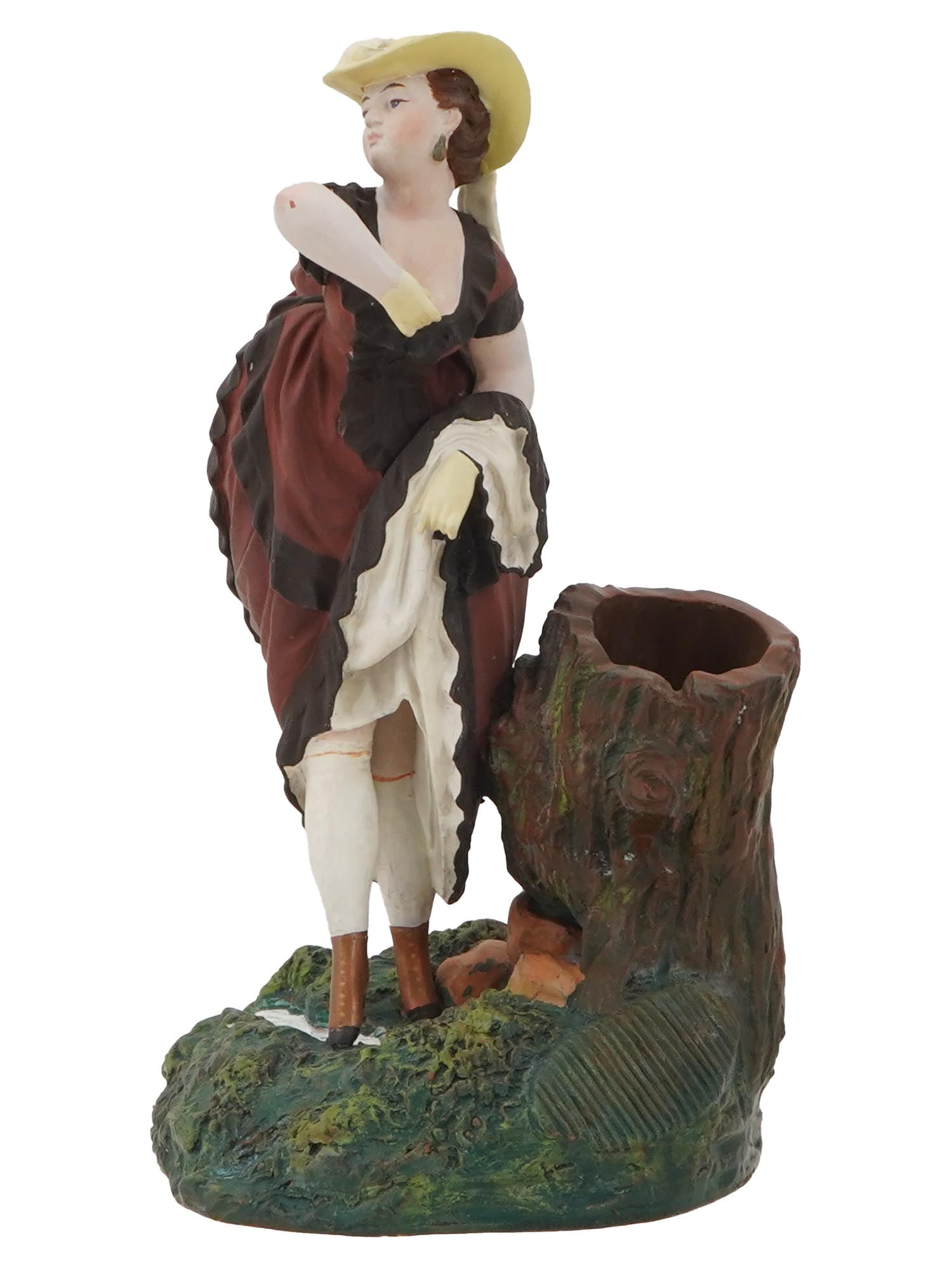 ANTIQUE RUSSIAN GUZHEV PORCELAIN FACTORY FIGURINE: Hand-painted porcelain sculpture produced by N.A. Guzhev Porcelain Factory, a Russian manufacture which was active in the 1860s to 1870s. The piece represents a full-length portrait of a woman walking