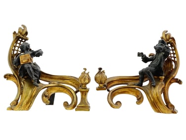 ANTIQUE LOUIS XV MANNER PATINATED BRONZE CHENETS