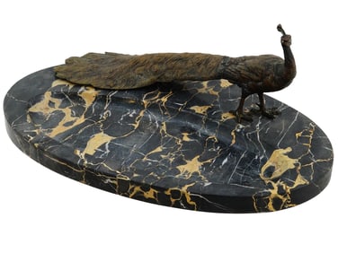 ART NOUVEAU MARBLE AND BRONZE PEACOCK DESK TRAY