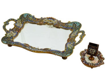 FRENCH BRONZE ENAMEL MIRROR TRAY AND MATCH HOLDER