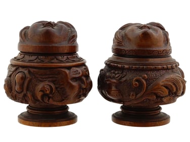 PAIR OF ANTIQUE CARVED WOOD LIDDED FIGURAL JARS