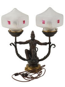 ANTIQUE ART NOUVEAU FIGURAL PATINATED BRONZE LAMP