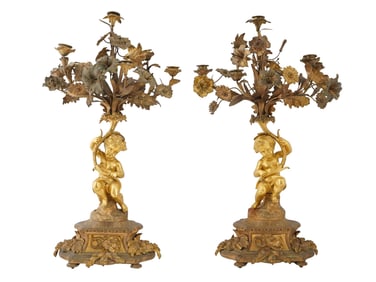 PAIR OF ANTIQUE EUROPEAN ORMOLU BRONZE CANDELABRAS