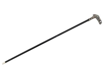 VINTAGE WOODEN WALKING CANE W LEOPARD SILVER HANDLE: A vintage wooden walking cane. The cane is adorned with a figural Silver handle made in a leopard design, engraved with detailed patterns. Marked with a label plate and numbered 3180, on the handle. A
