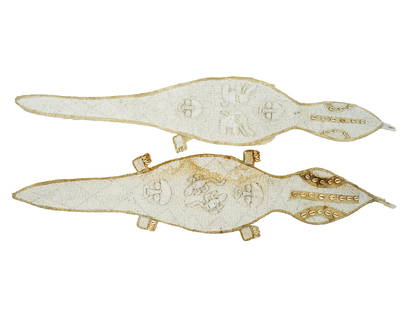 VINTAGE AFRICAN TEXTILE ADORNED WITH BEADWORK: A pair of vintage African textiles adorned with beadwork. Both textiles of unusual design are modeled and beaded in the form of large white lizards and decorated with relief images of masks, elephants
