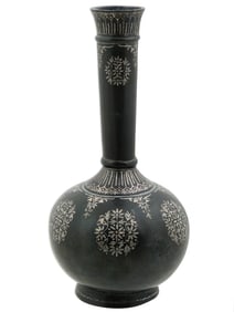 ANTIQUE INDIAN BIDRI SILVER INLAID VASE W FLORAL DESIGN