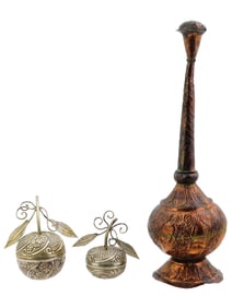 TURKISH COPPER ROSE WATER BOTTLE AND SILVER TRINKET BOXES