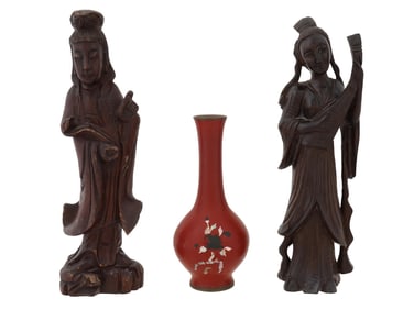 VINTAGE CHINESE WOODEN SCULPTURES AND KOREAN BUD VASE