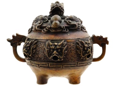 CHINESE BRONZE DRAGON TRIPOD INCENSE BURNER