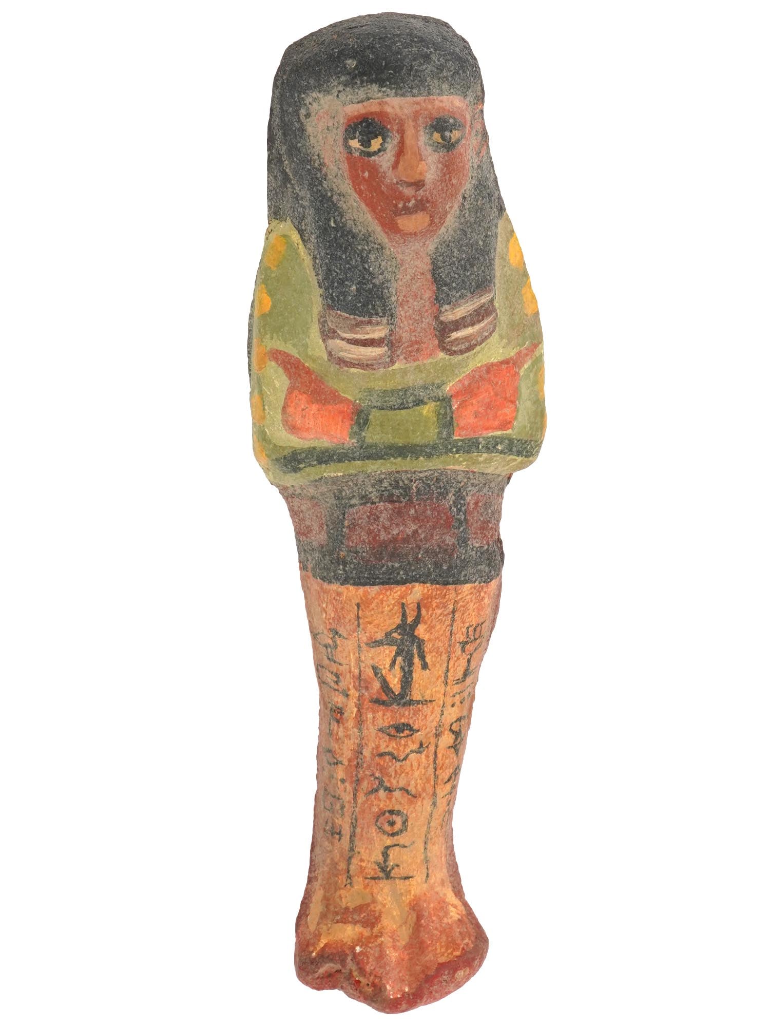 ANCIENT EGYPTIAN PAINTED TERRACOTTA USHABTI FIGURINE: An ancient Egyptian hand painted terracotta ushabti burial sculpture, circa 1570 to 1342 BC. The sculpture depicts a figure standing in mummiform. A column of black painted hieroglyphic symbols is pre
