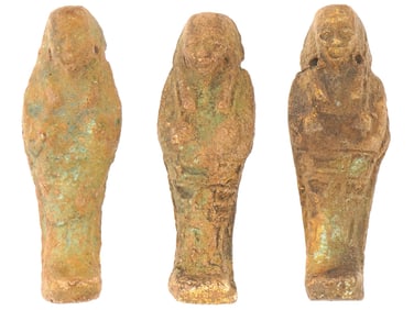 THREE ANCIENT EGYPTIAN FAIENCE USHABTI FIGURINES