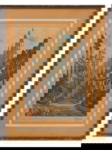 FRENCH CITYSCAPE COLOR ETCHING SIGNED LERAIS: Hand-colored etching on paper. French, mid-20th century. The artwork depicts a street view of an old French town with a Gothic cathedral in the background. Titled Rouen, Rue de l Epicerie in the