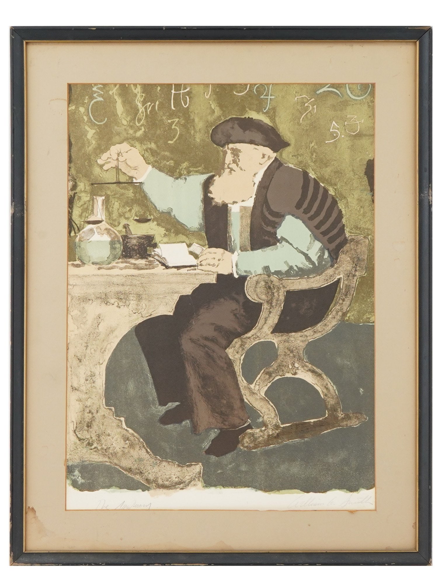 PORTRAIT COLOR LITHOGRAPH SIGNED WILLIAM SMITH: Color lithograph on paper representing a full-length portrait of an old man with scales and flasks. Titled The Apothecary in the lower left. Signed by the artist in pencil in the lower right, William