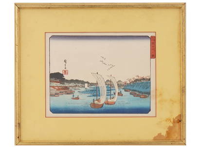 AFTER UTAGAWA HIROSHIGE JAPANESE LANDSCAPE WOODBLOCK: Color woodblock print. After Utagawa Hiroshige, 1797 to 1858, a Japanese ukiyo-e artist, considered the last great master of this genre painting tradition. From the The Famous Places in the Eastern