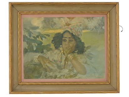 ABEL PANN ISRAELI FEMALE PORTRAIT COLOR LITHOGRAPH: Color offset lithograph on paper. After the 1944 artwork titled Shulamite by Abel Pann, 1883 to 1963, a Russian-born Israeli painter and printmaker, professor at the Bezalel Academy of Art under Boris