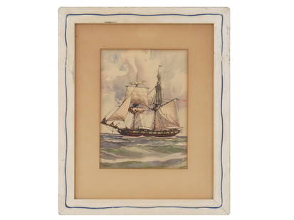 AMERICAN MARINE SHIP LITHOGRAPH AFTER GORDON GRANT: A vintage color lithograph on paper, The Brig, depicting a seascape with a ship, after Gordon Hope Grant, American, 1875 to 1962, was an American artist, well known for his maritime watercolors, and