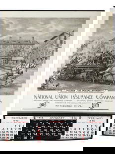 VTG 1956 NATIONAL UNION INSURANCE COMPANIES CALENDAR: A vintage calendar from National Union Insurance Companies 1956, featuring an illustration after the print Firefighting Apparatus by George L. Hollrock, American, 1882 to 1968. Vintage American