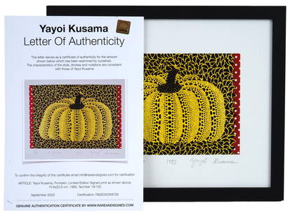 SIGNED YAYOI KUSAMA 1982 JAPANESE LITHOGRAPH WITH COA: Yayoi Kusama, Japanese, born 1929, a lithograph titled Pumpkin, 1982. Signed, dated and numbered 19 of 100 lower. Matted and framed. With the certificate of authenticity. Yayoi Kusama is a