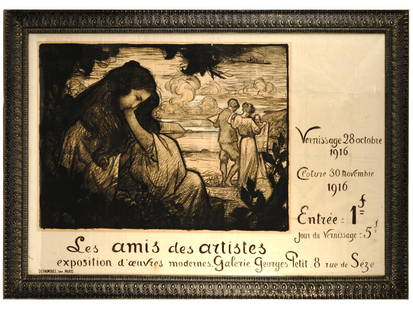 LITHOGRAPH POSTER BY MAURICE CHABAS FRIENDS OF ARTISTS: Maurice Chabas, French, 1862 to 1947, a lithographic poster titled Friends of Artists and published for the Exhibition of modern works at the Galerie Georges Petit, 1916. Framed. Maurice Chabas was a