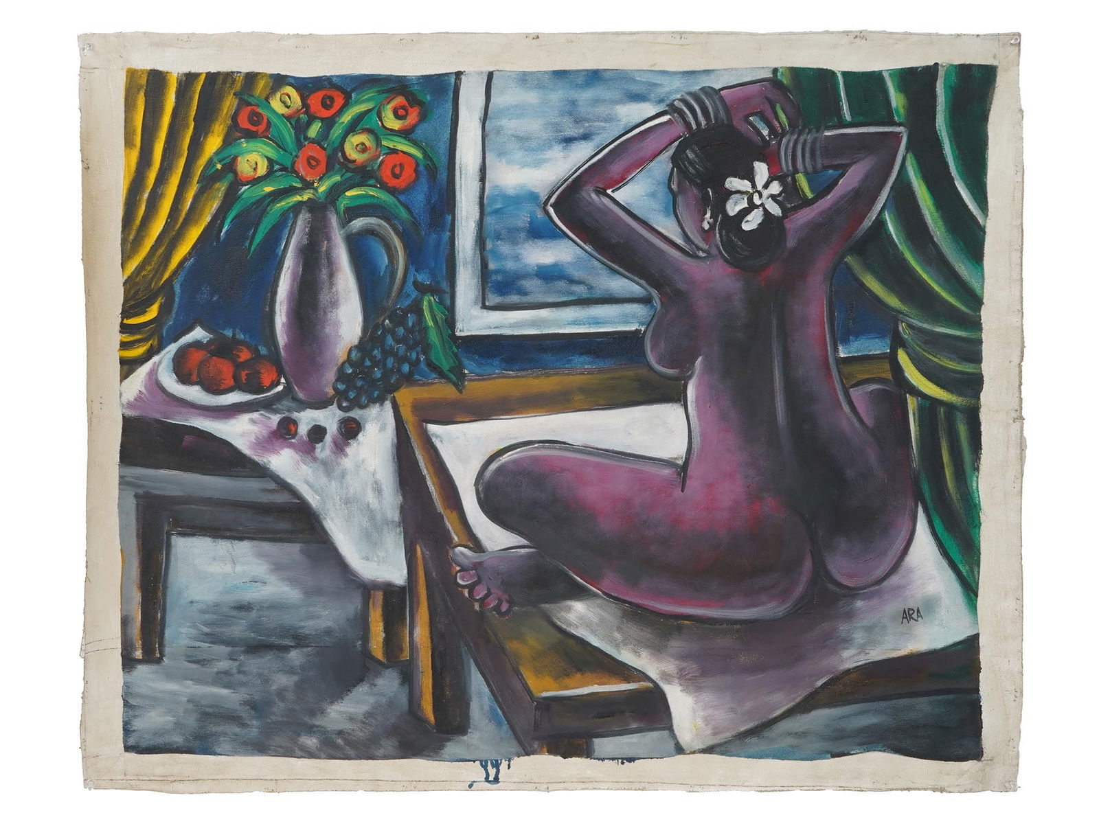 MID CENTURY INDIAN SCHOOL KRISHNAJI ARA PAINTING: A mid-century Indian School painting, executed in oil on canvas and signed Krishnaji Howlaji Ara, a pioneering figure of modern Indian art and founding member of the Progressive Artists Group. Aras wo