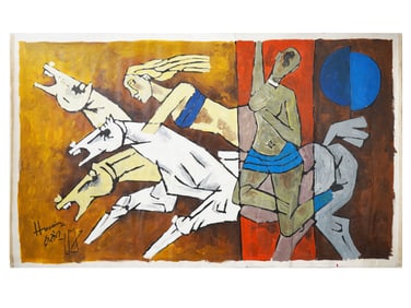 INDIAN ACRYLIC PAINTING SIGNED MAQBOOL FIDA HUSAIN